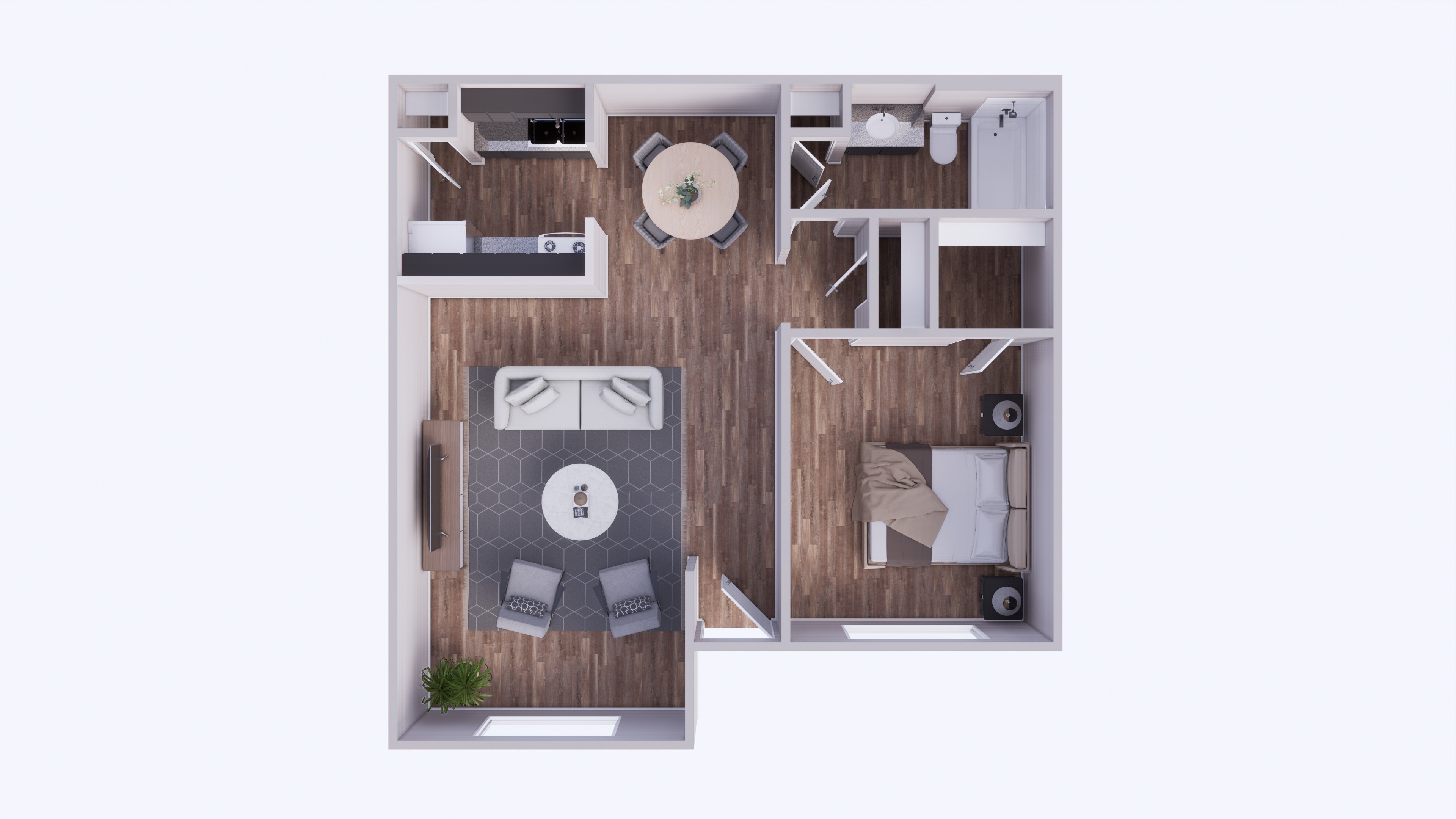 Floor plan for 1 bed, 1 bath, 678 sqft